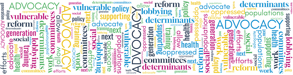 word cloud displaying these terms, Committees allow me to advocate, Training the next generation, Vulnerable and oppressed populations, Supporting policy and reform, why I do this work, Social determinants of health, Lobbying efforts